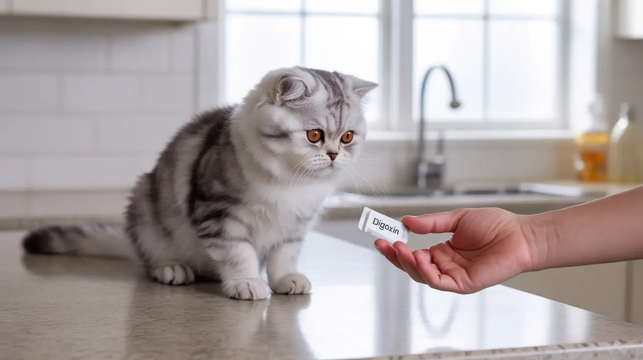 White and gray Scottish Fold cat with digoxin medication bottle
