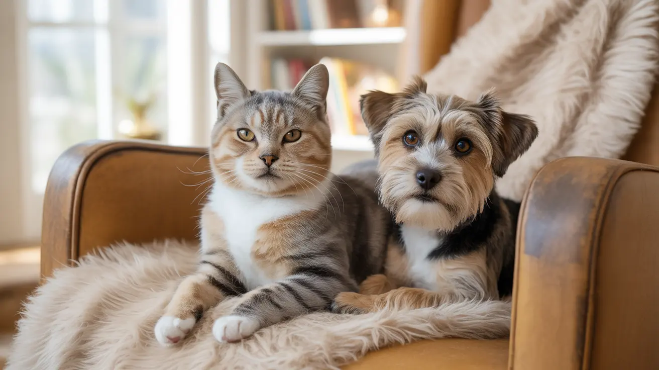 Senior dog and cat resting comfortably in a cozy home environment