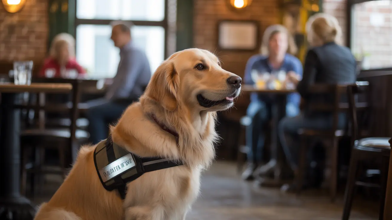 Service dog wearing a vest sitting calmly beside handler at an awareness event