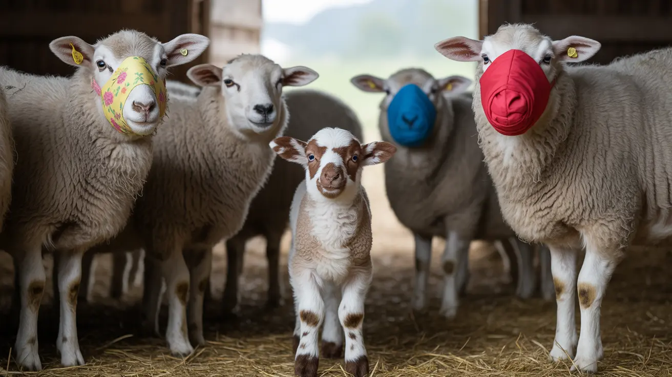 カラフルなフェイスマスクを着けた羊の群れの中央に小さなヤギの子供が立っている牛舎の様子
