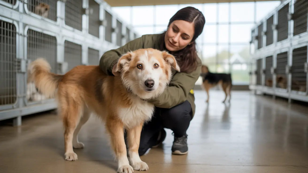 オリーブグリーンのジャケットを着た女性が、動物保護施設と思われる場所で中型の茶色と白の犬のそばにひざまずいて撫でている