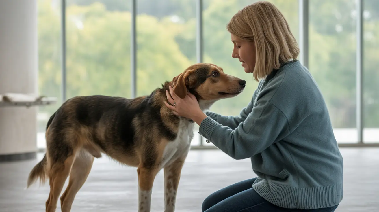 ライトブルーのセーターを着たブロンドの女性が、大きな窓のある明るくモダンな部屋で中型の茶色と白の犬を優しく撫でている