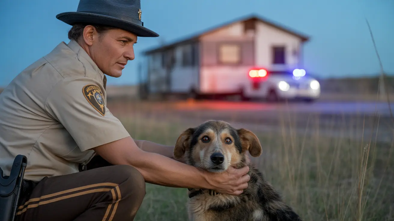制服を着た保安官代理が夕暮れの草原で雑種犬のそばにひざまずき、背景には緊急車両がある様子