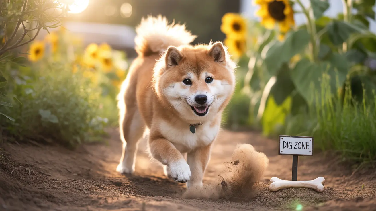 A playful Shiba Inu digging enthusiastically in a designated 'Dig Zone' with sunflowers in the background.