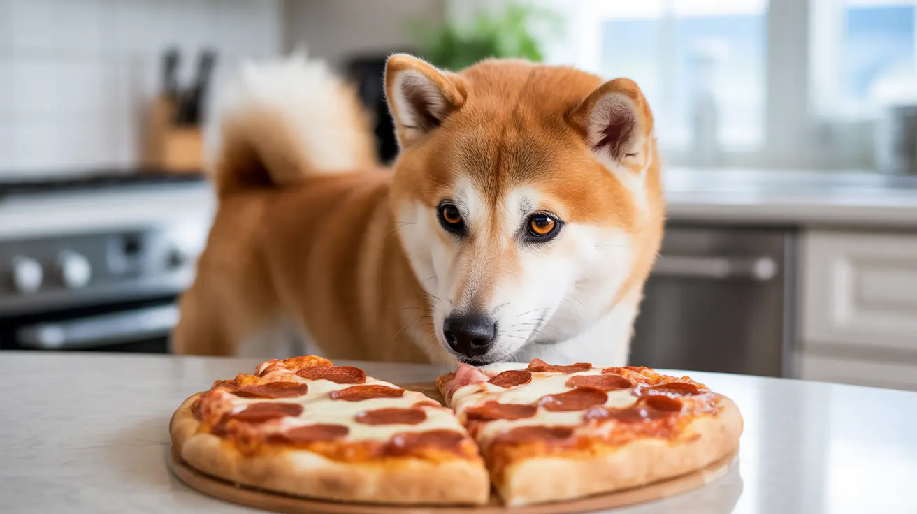 A Shiba Inu dog intently staring at a pepperoni pizza on a kitchen counter
