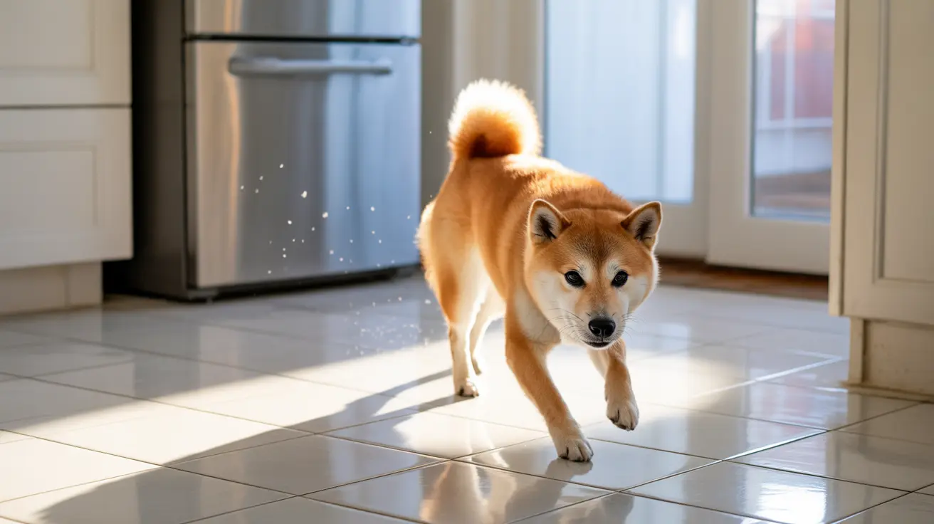 Shiba Inu dog moving across a sunlit kitchen floor with a curled tail