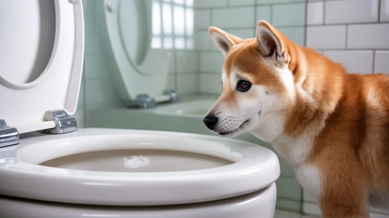 A Shiba Inu dog curiously looking into an open toilet bowl in a tiled bathroom