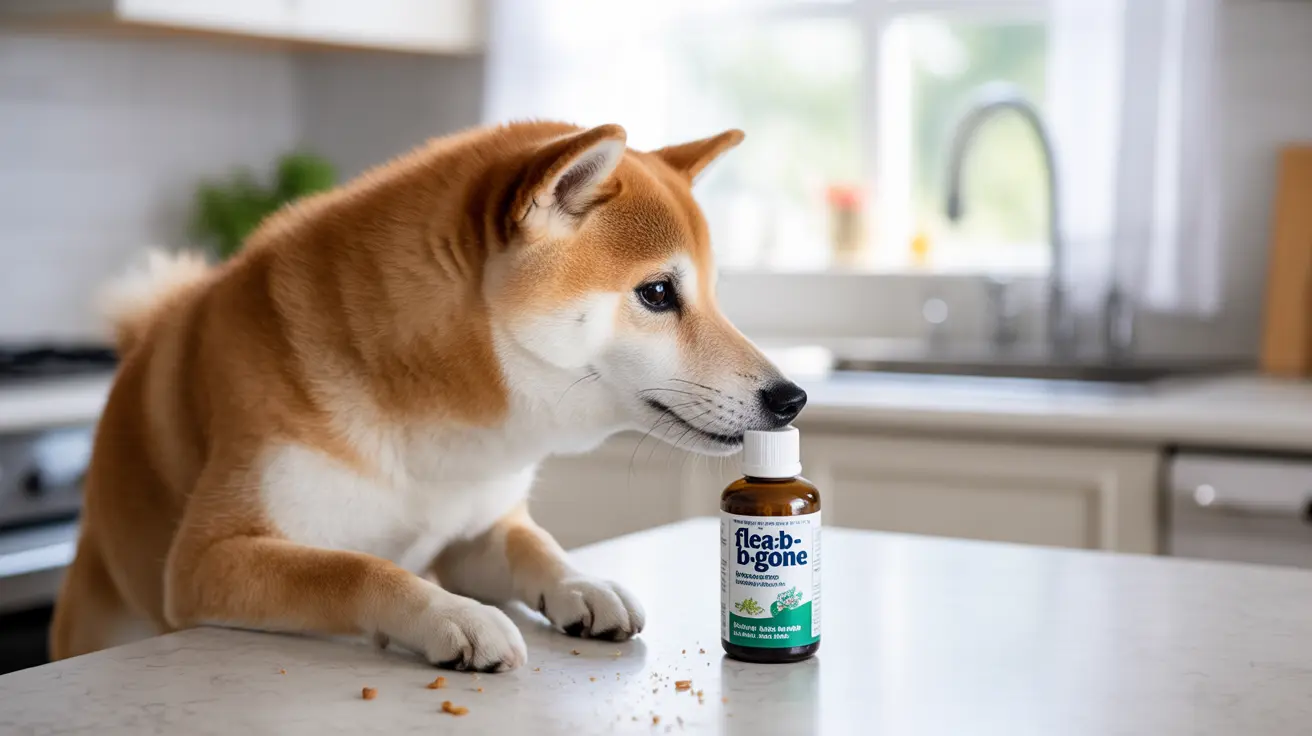 Un perro Shiba Inu sentado en una encimera de cocina junto a una botella de tratamiento contra pulgas