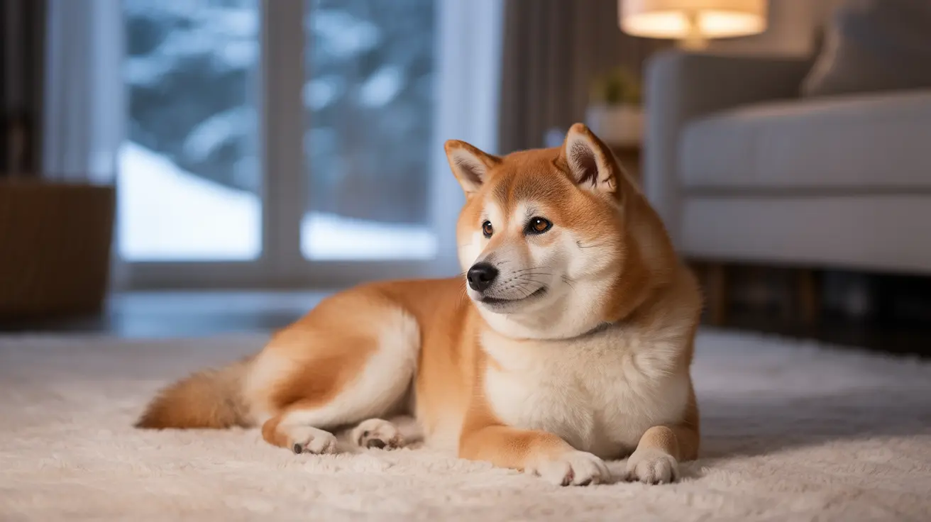 A reddish-orange and white Shiba Inu sitting alertly on a soft carpet near a window in a warm, cozy interior.