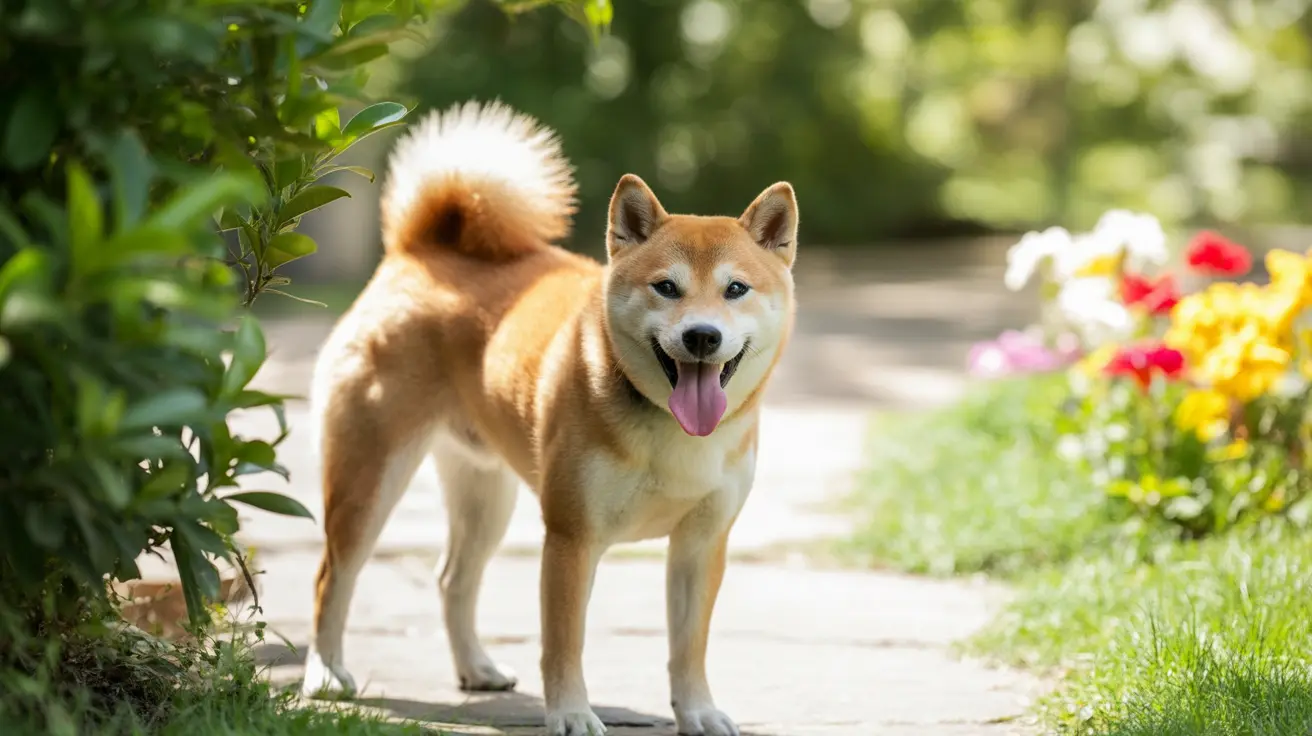 Un Shiba Inu alegre de pie en un sendero del jardín con expresión feliz y la lengua afuera
