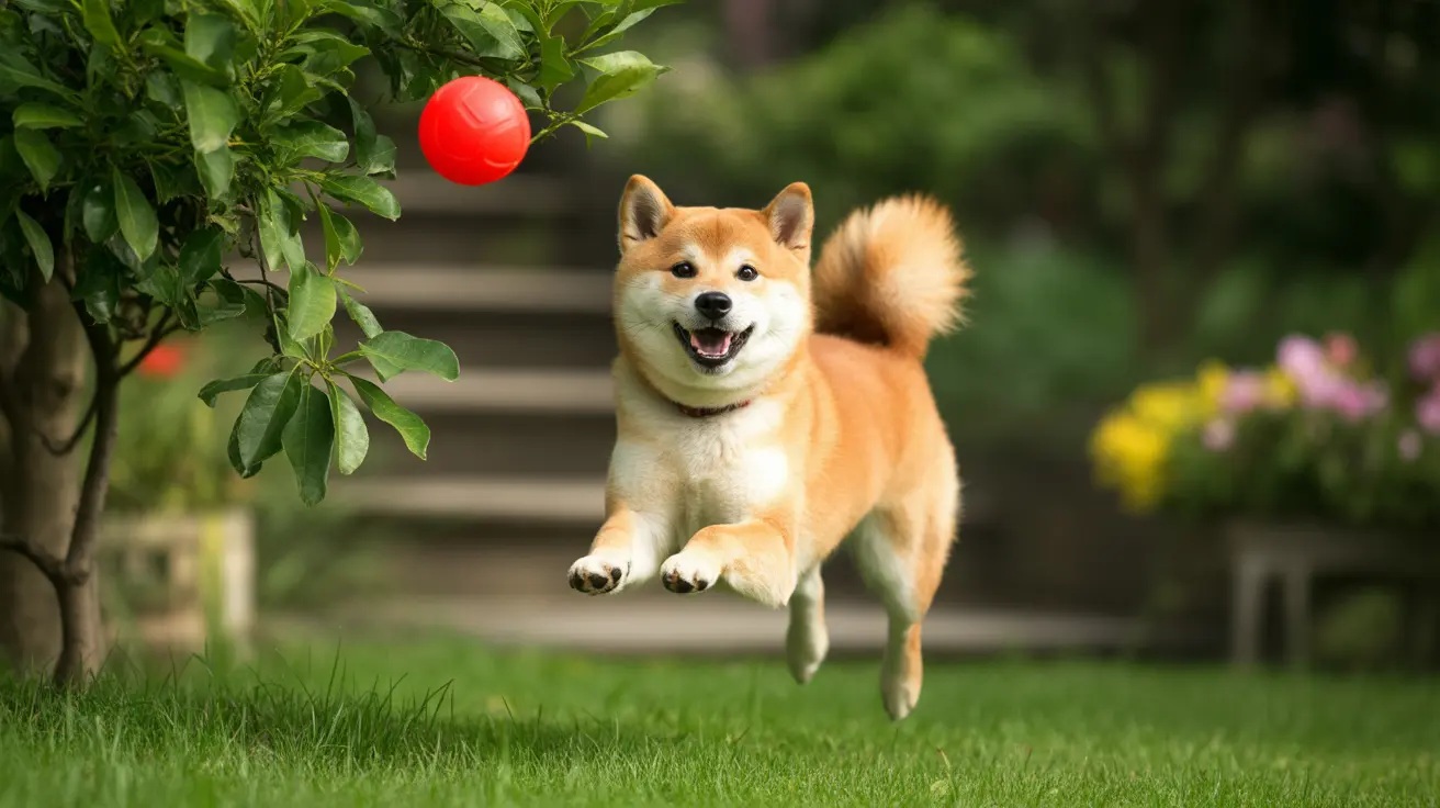 A playful Shiba Inu leaping mid-air to catch a bright red ball near a leafy tree in a garden
