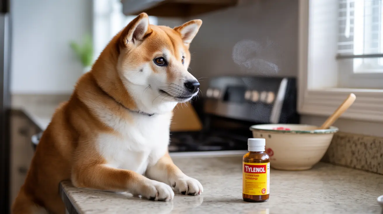柴犬が台所のカウンターの上に座っており、タイレノールのボトルの隣で警戒した様子を見せている