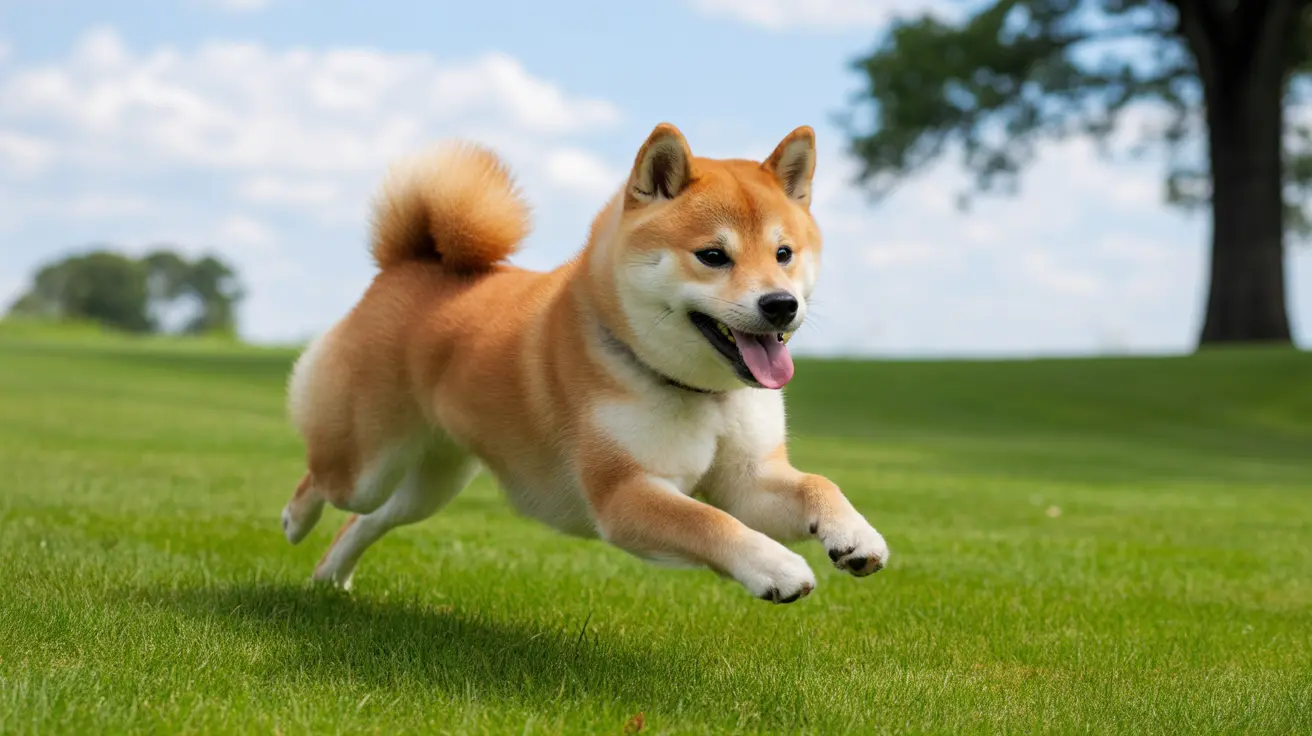 Shiba Inu mid-leap on a lush green lawn with playful expression
