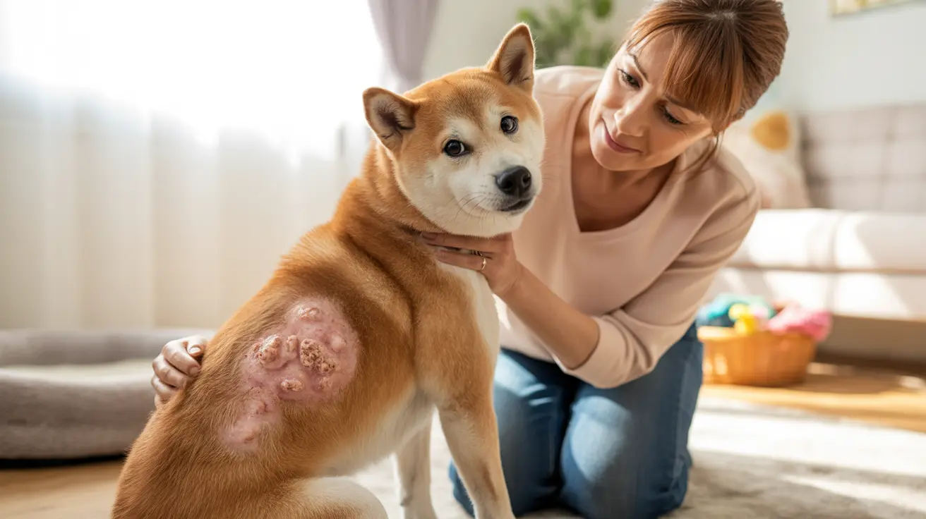 A Shiba Inu with a skin condition sitting with owner indoors