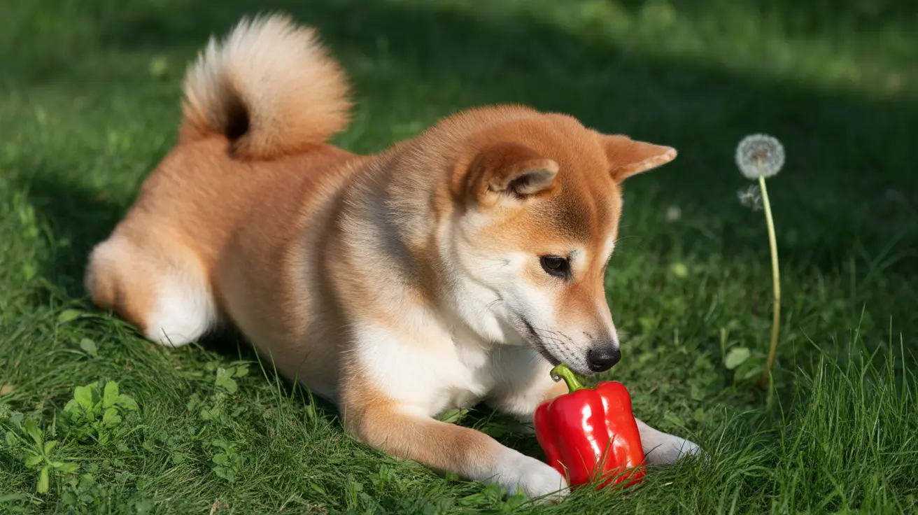 A Shiba Inu puppy curiously investigating a bright red bell pepper in a lush green grassy area.
