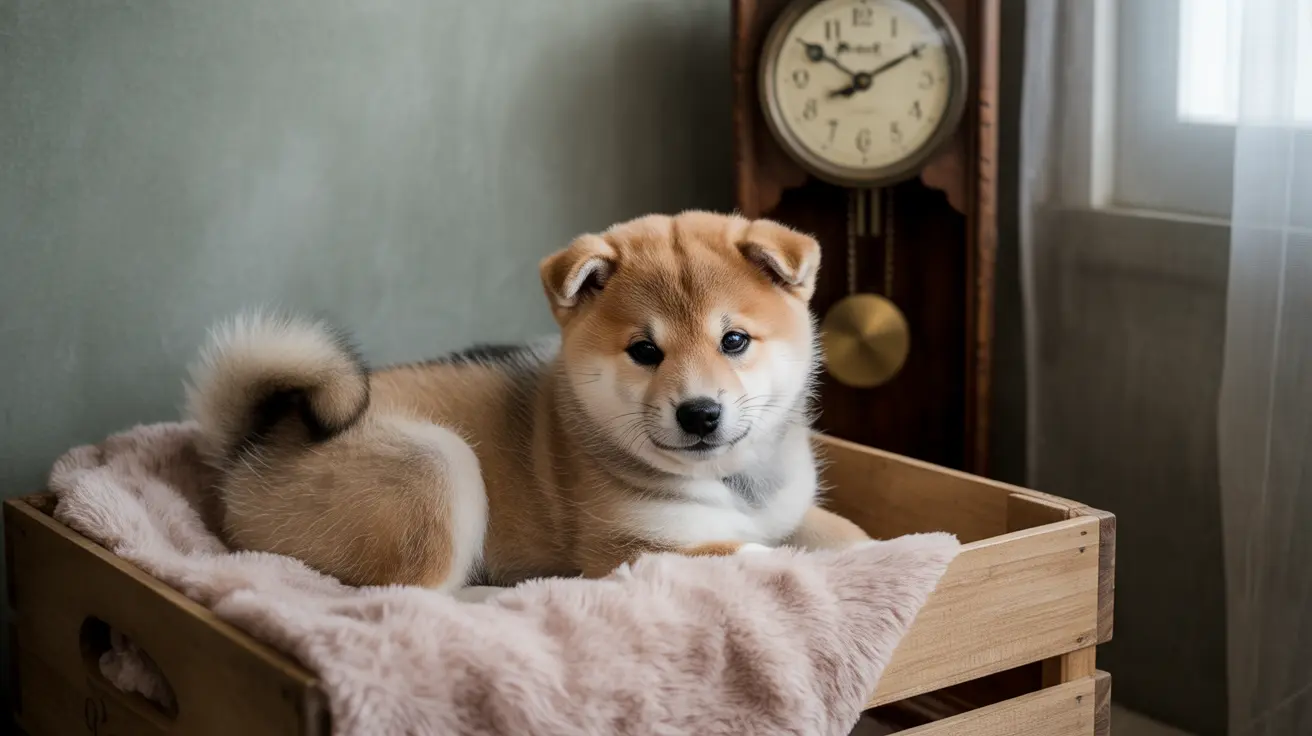 若い柴犬の子犬が、柔らかいピンク色の毛布とともに木箱の中で快適に休んでおり、近くにはアンティークの振り子壁掛け時計がある様子