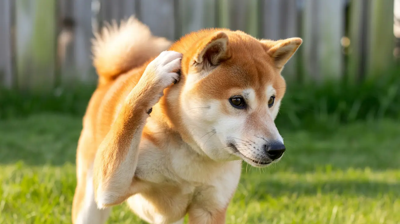 Un perro Shiba Inu de color dorado-naranja se rasca la oreja mientras está sentado en un patio trasero cubierto de hierba.