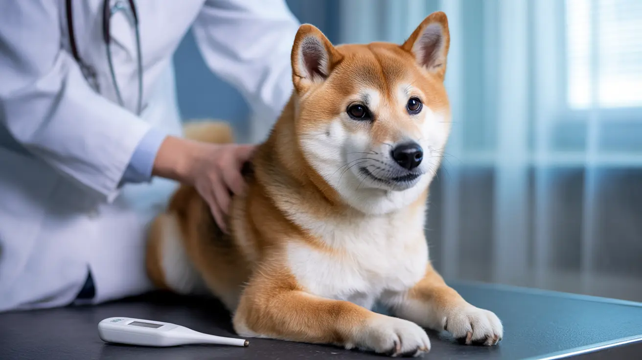 Un Shiba Inu calme assis sur une table d'examen lors d'un contrôle vétérinaire.