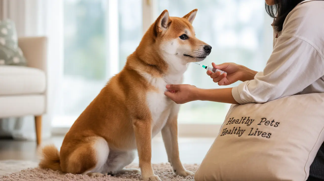 A Shiba Inu receiving a medical injection from a veterinary professional at home.