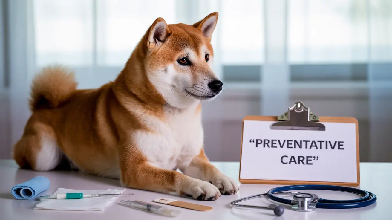 柴犬が動物病院の診察台に座っており、医療機器と「予防医療」と書かれたクリップボードが置かれている様子