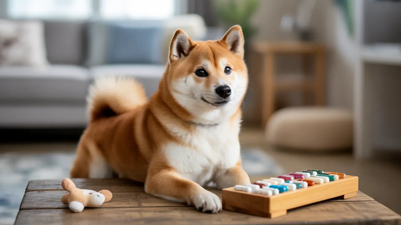 Un Shiba Inu rojo y blanco sentado junto a un xilófono colorido y un juguete en forma de hueso