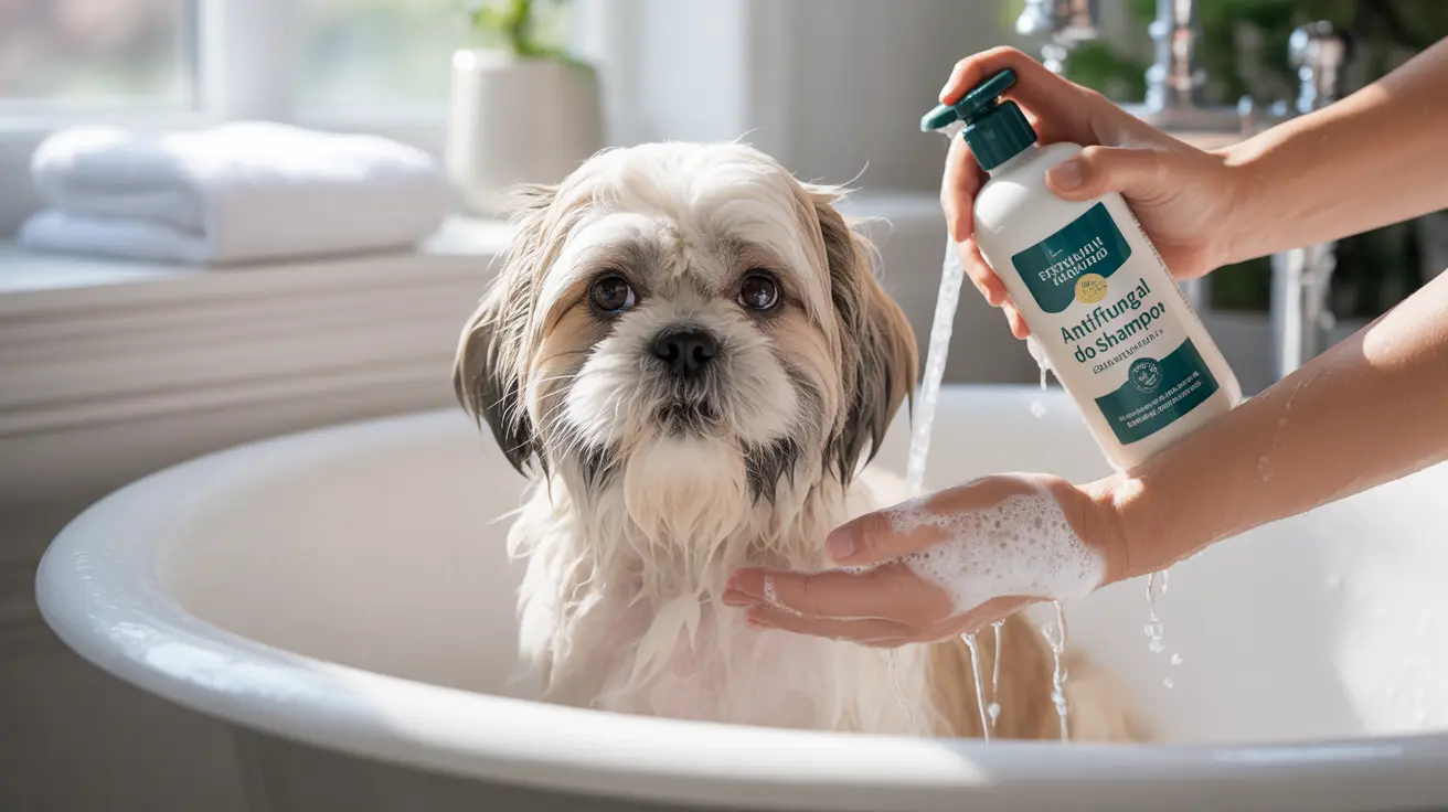 A small white and tan Shih Tzu being bathed with an antifungal dog shampoo in a white bathtub