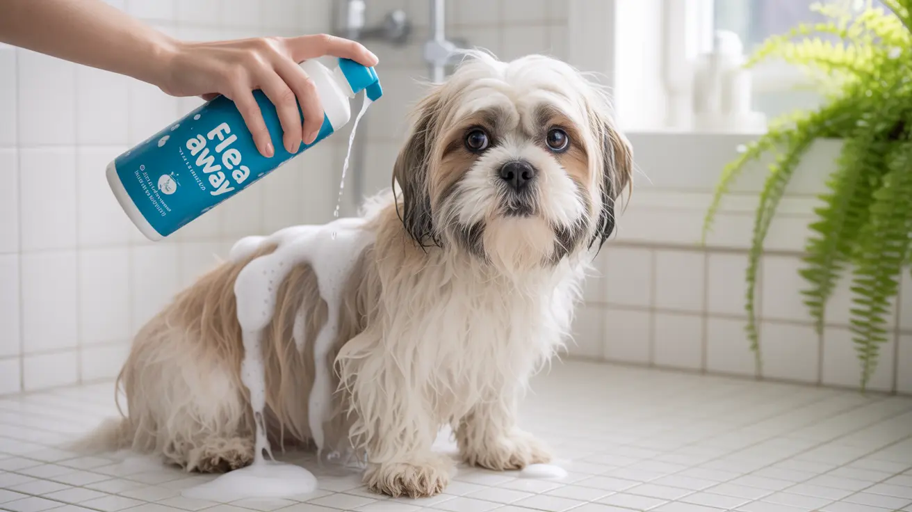 A small Shih Tzu dog being sprayed with a flea treatment in a tiled bathroom