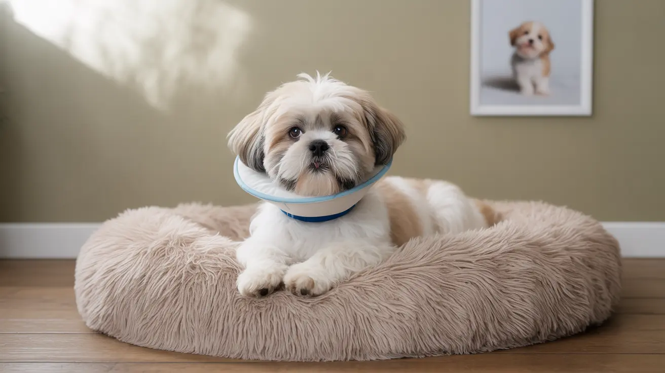 A small white and tan Shih Tzu dog on a beige dog bed wearing a blue recovery cone