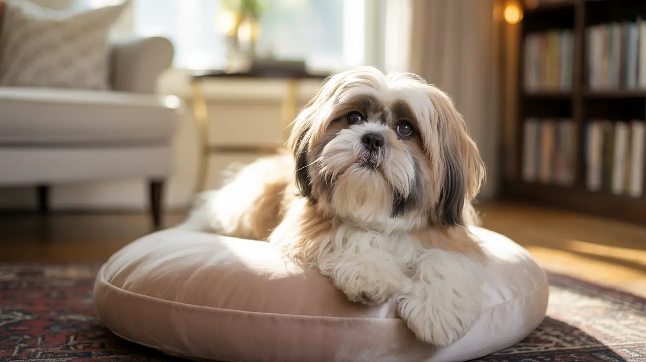 A fluffy Shih Tzu dog resting comfortably on a soft beige cushion in a sunlit living room.