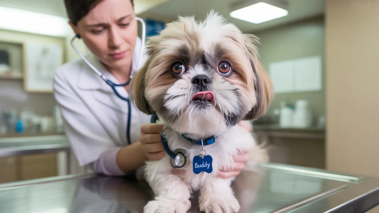 A fluffy Shih Tzu dog receiving a veterinary checkup with a concerned expression