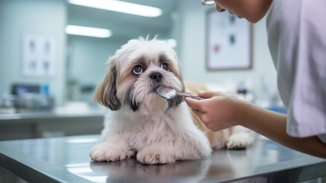 A small Shih Tzu dog receiving a veterinary dental examination