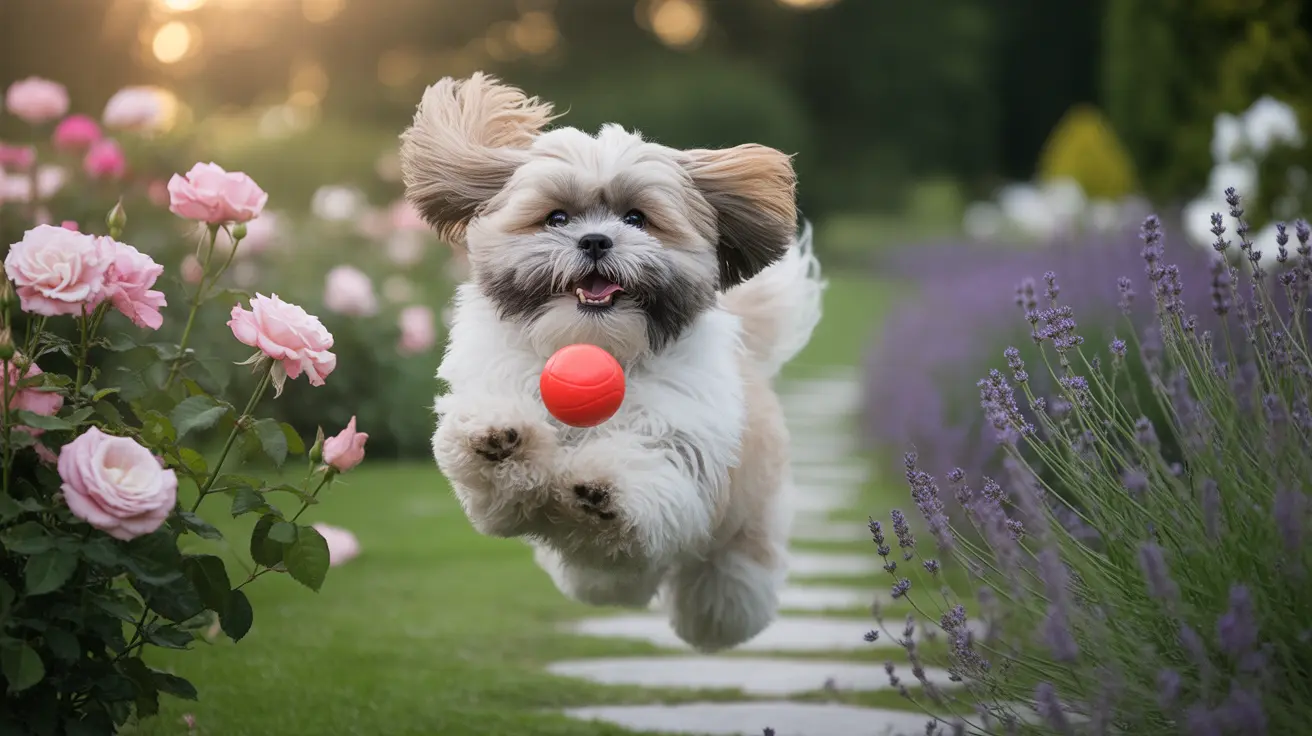 A playful Shih Tzu mid-jump with a red ball in a garden