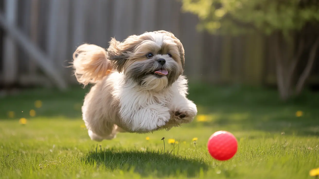 A fluffy Shih Tzu puppy mid-leap playing with a red ball in a sunny backyard
