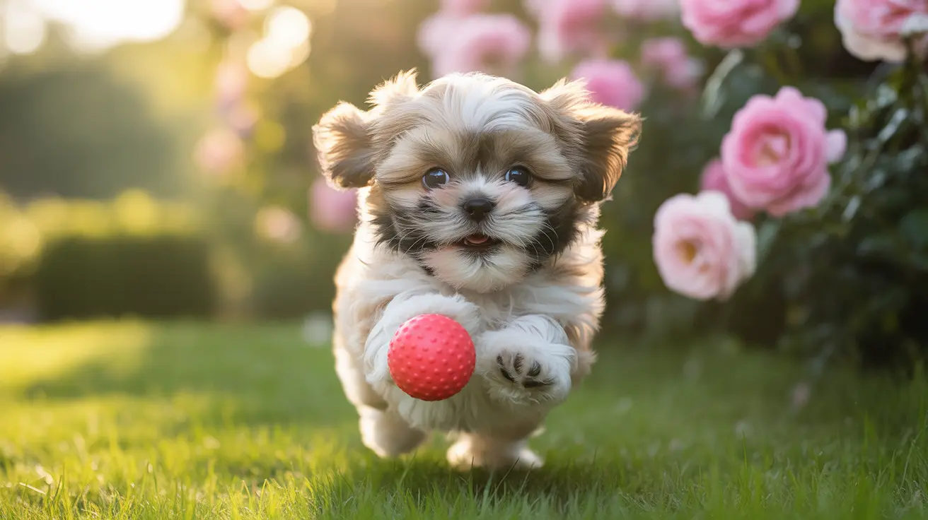 An adorable Shih Tzu puppy running with a red ball in a blooming rose garden