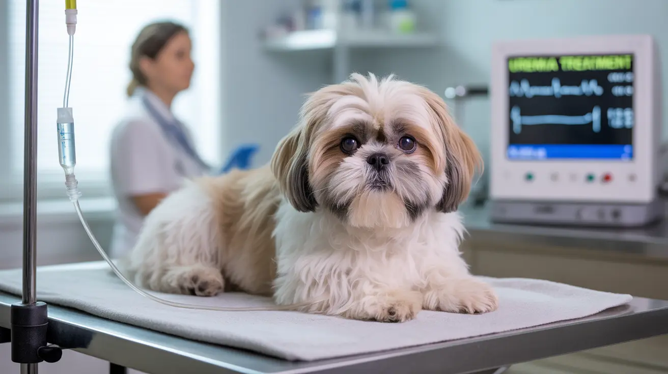 A Shih Tzu dog receiving medical treatment in a veterinary clinic setting