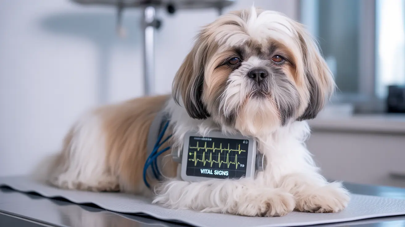A Shih Tzu dog with a medical vital signs monitor in a veterinary clinic