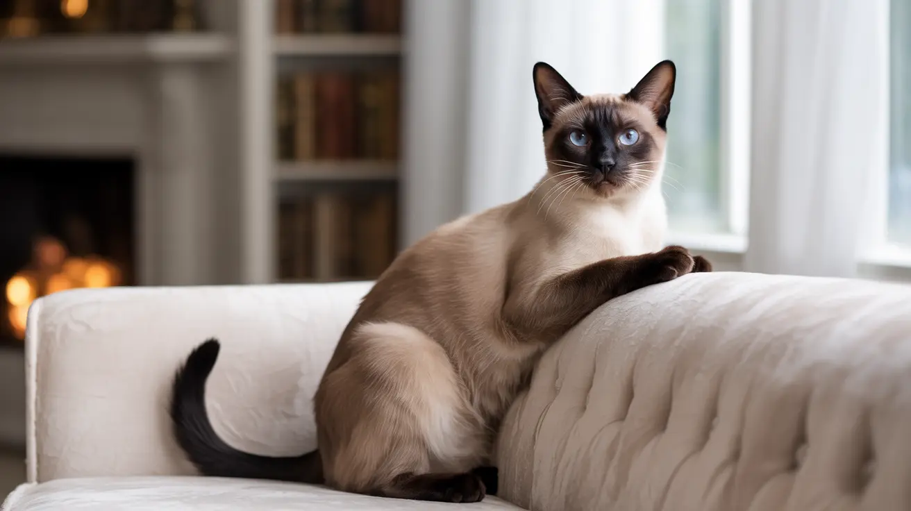A Siamese cat with striking blue eyes sits elegantly on a white couch near a fireplace and bookshelf