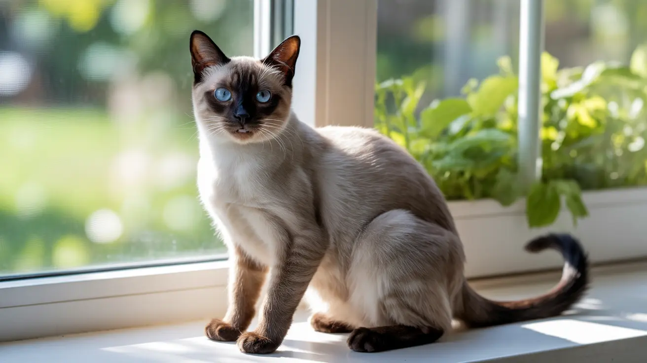 A sleek Siamese cat with blue eyes perches on a windowsill in the afternoon sun, softly purring and occasionally gulping.