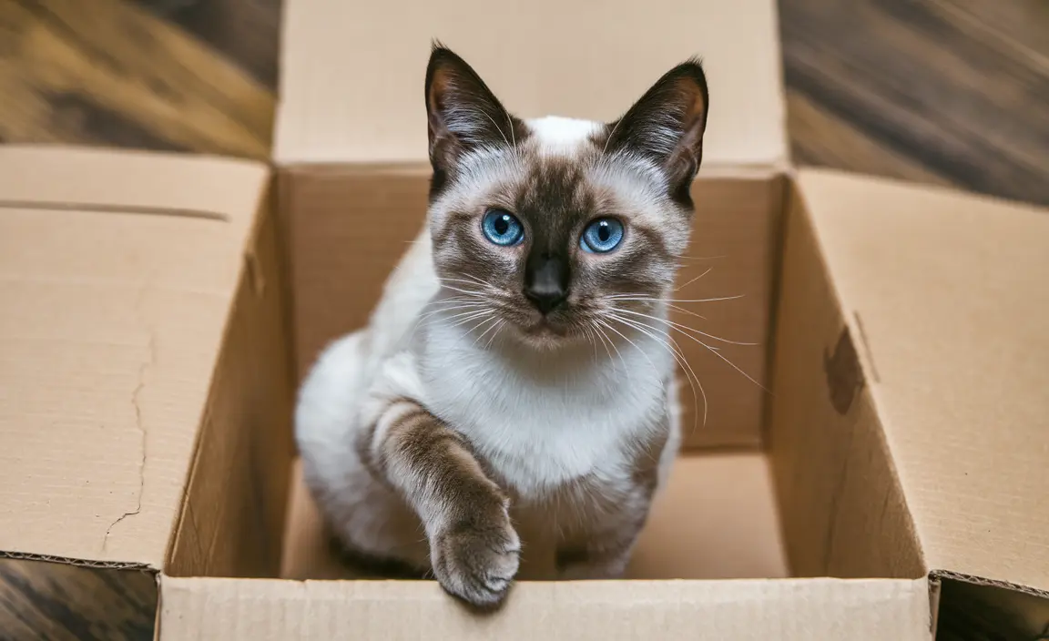 A curious Siamese cat nestles inside a cardboard box, ready to pounce.