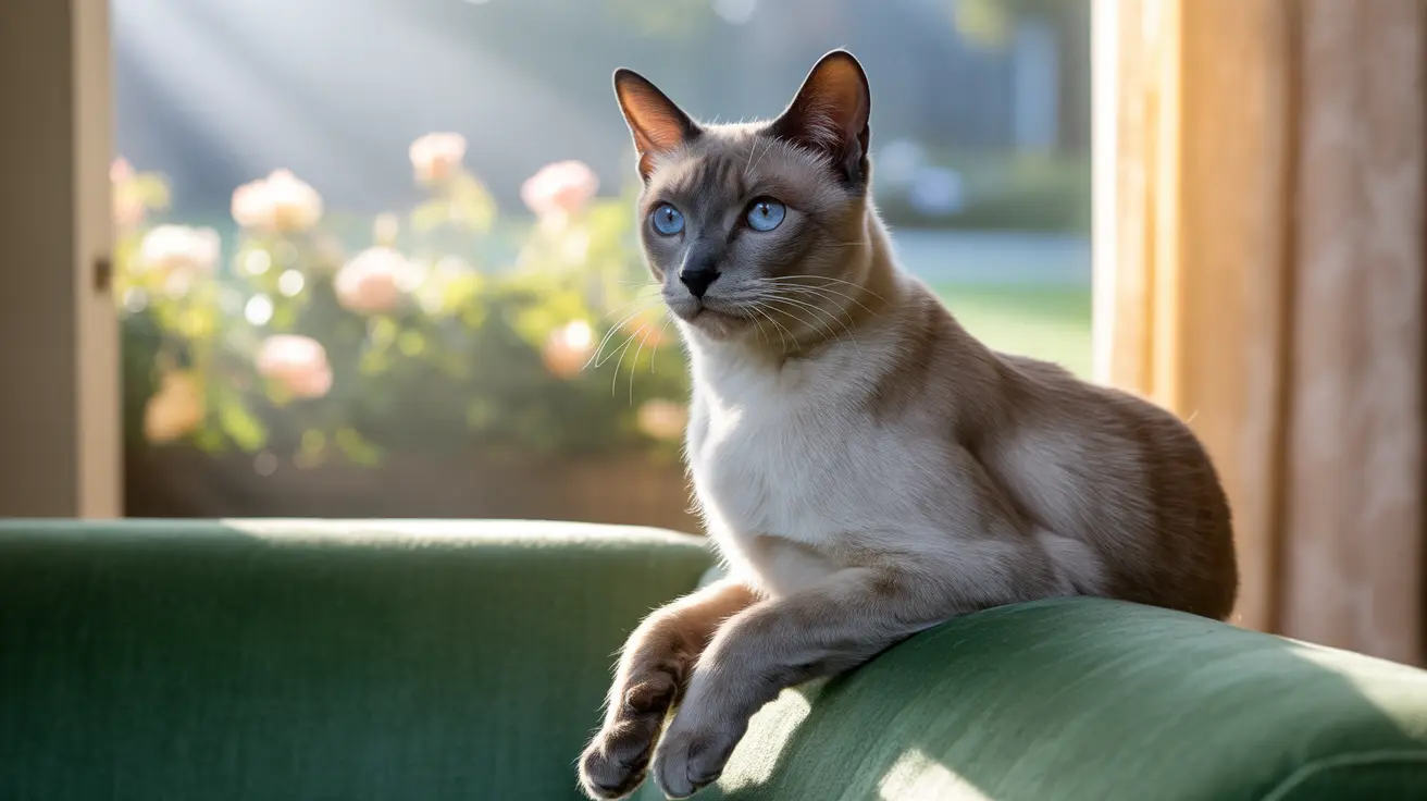 A graceful Siamese cat named Leo perched on a plush sofa, looking out the window as sunlight highlights his sleek fur.