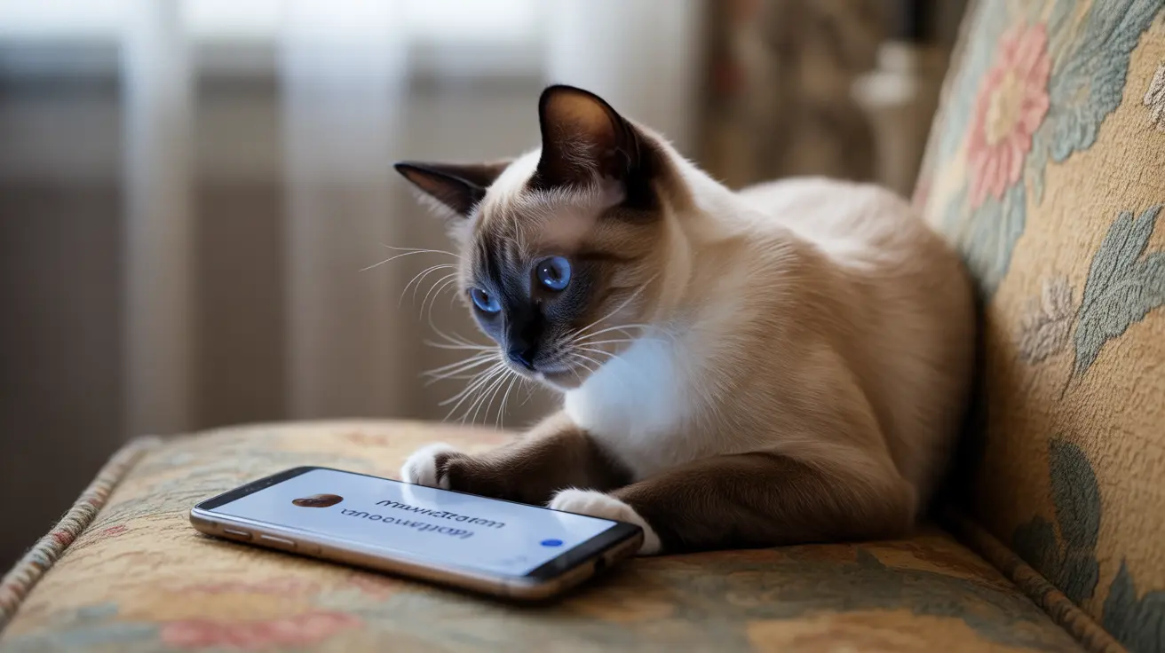A Siamese cat headbutting a smartphone on a couch with bright blue eyes focused on the device