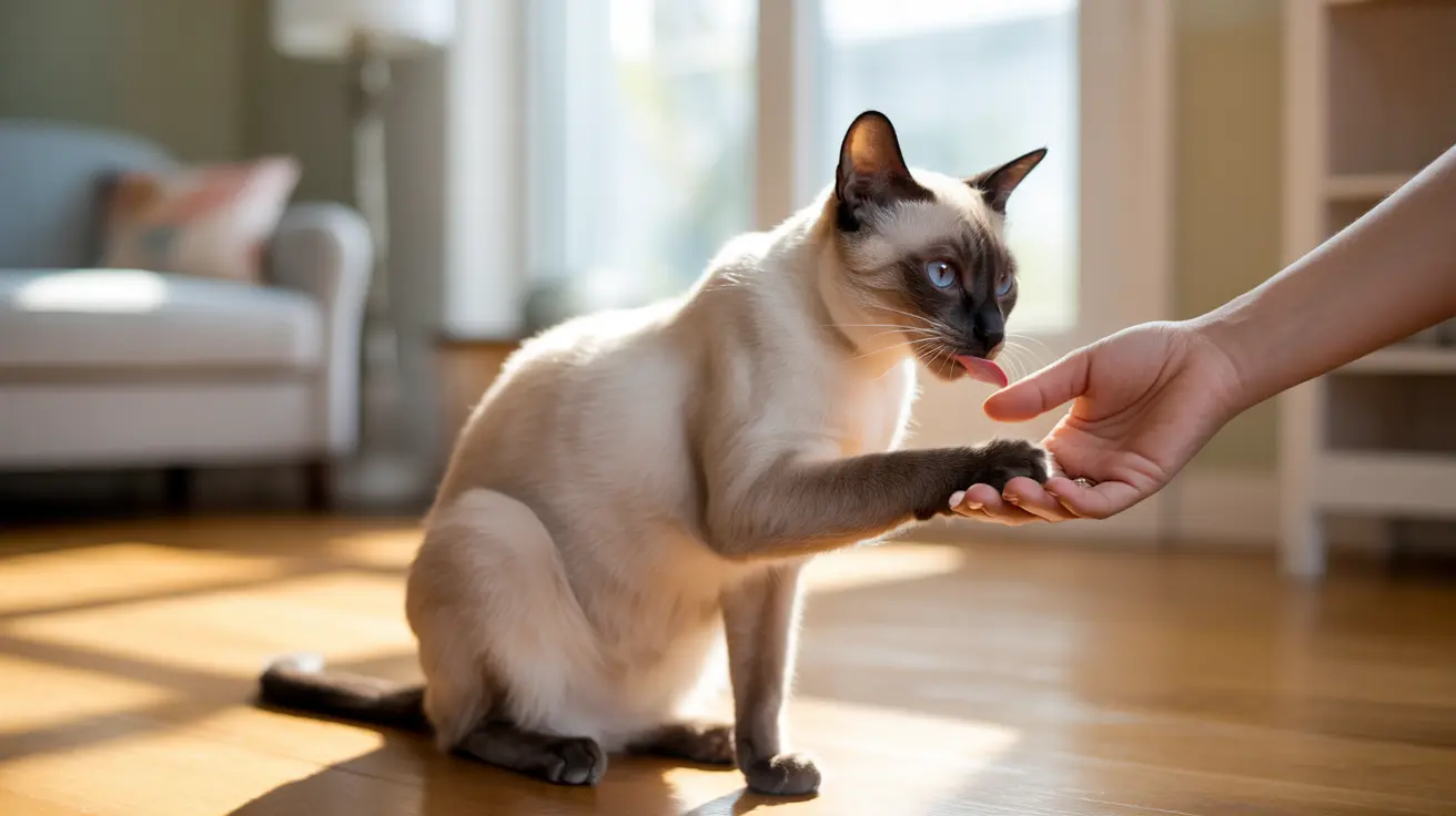 Siamese cat with blue eyes gently licking owner's hand by window