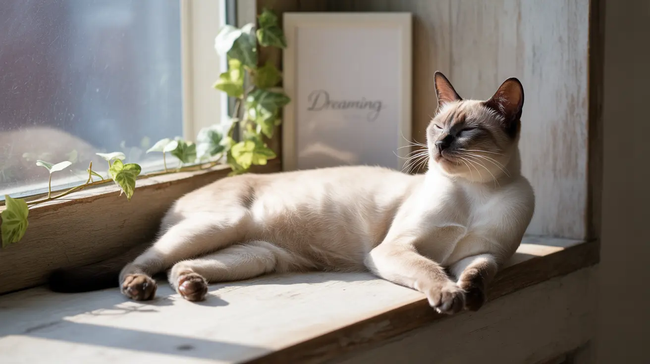 A sleek Siamese cat lounging on a sunny windowsill with a glowing coat
