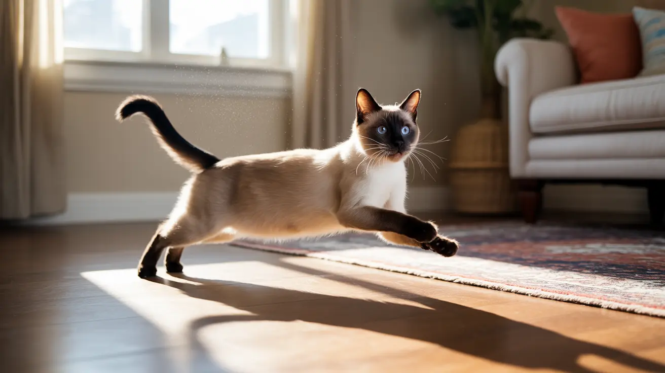 A sleek Siamese cat bolts across the sunlit living room floor with an electrifying burst of energy, its eyes wide with excitement.