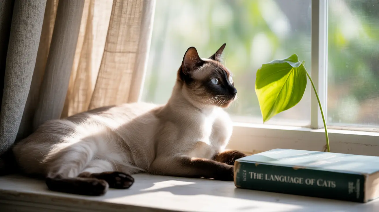 A Siamese cat lounging gracefully on a sun-drenched windowsill with blue eyes.
