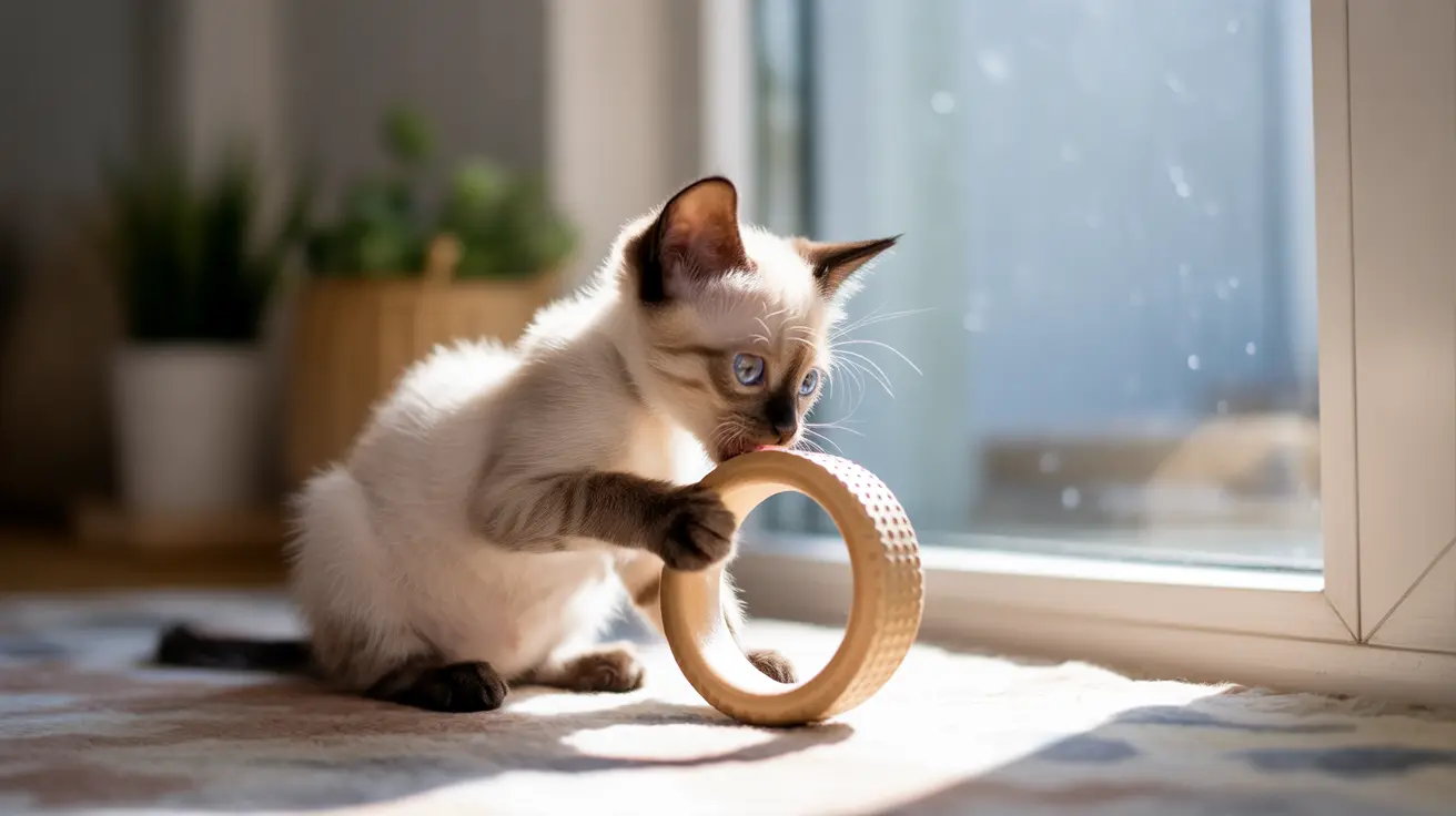 A curious Siamese kitten chewing on a textured teething toy near a window