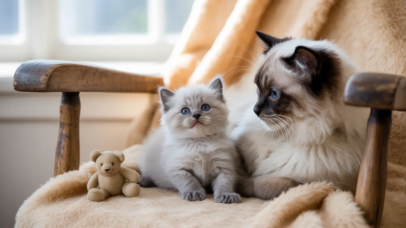 Two Siamese or Ragdoll-type cats sitting together on a soft beige chair with a small teddy bear nearby