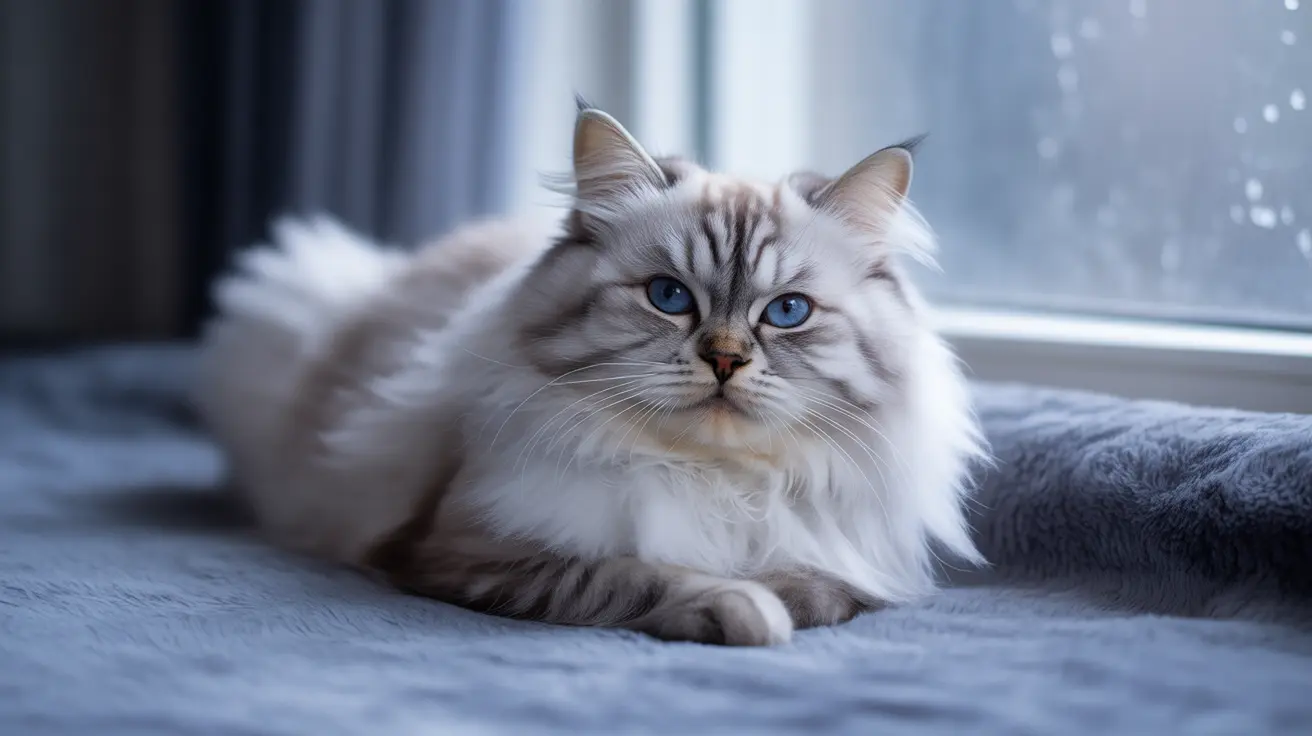 A majestic white and gray Siberian cat with piercing blue eyes resting on a soft gray blanket near a window