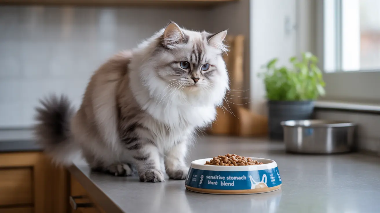 A fluffy white and gray Siberian cat sitting near a food bowl on a kitchen counter