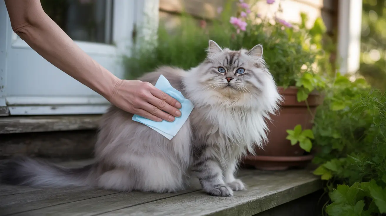 A fluffy white and gray Siberian cat being gently wiped with a blue cloth near potted plants